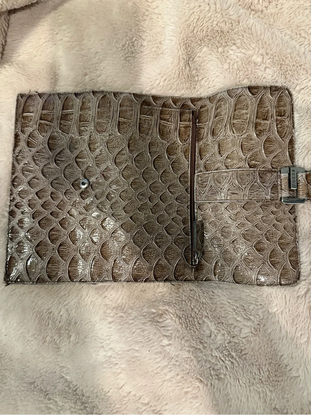 GUESS Metallic Taupe Croc-Embossed Clutch with Buckle